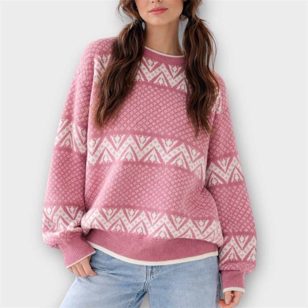 Vintage Pink Nordic Pattern Sweater Cozy Cottagecore Knit Pullover Large